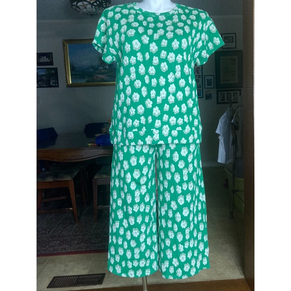See & Be Seen Women M 2 Piece Green Floral Jacquard Top Wide Leg Pant Lounge Set